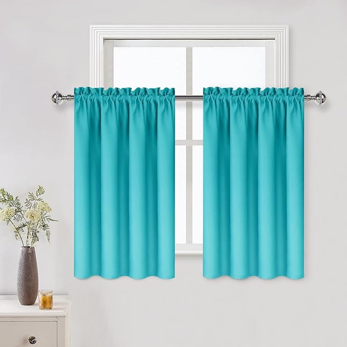 DWCN Thermal Short Blackout Curtains for Bedroom/Kitchen, Energy Saving Room Darkening Curtains for Nursery/Bedroom/Kitchen(W42 x L36 inch, Turquoise, Set of 2 Panels, Top of Rod Pocket) by DWCN