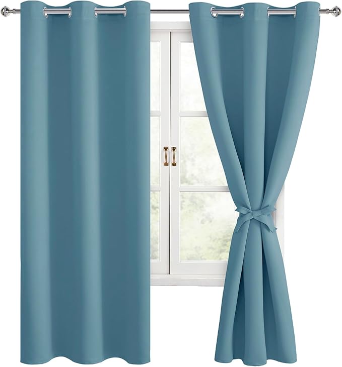 Hiasan Room Darkening Curtains for Bedroom, Noise Reducing, Energy Saving Blackout Window Curtain Panels, Sewn with Tiebacks, Set of 2, Grommet Top (Stone Blue, Width 42 Inch x Length 72 Inch) by Hiasan