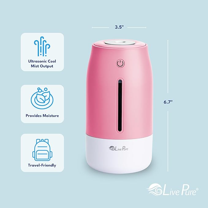 LivePure Cool Mist Humidifiers for Bedroom. Small Humidifier for Babies, Nursery, Plants, Office. Ultrasonic Cool Mist Humidifier w/Quiet Operation, USB-C Rechargeable. Rose Quartz - Image 4