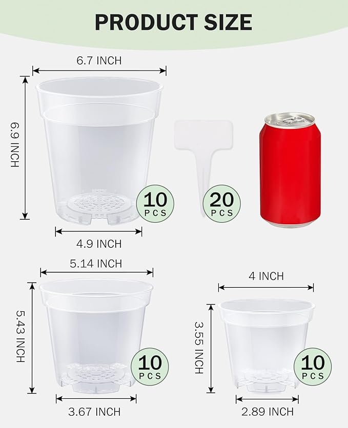 homenote Clear Nursery Pots for Plants,4/5/6.7 Inch Plant Pot for Planting Plastic Seedling Pots with Drainage Holes Seed Starter Pot Flower Pots High Transparency with 20 Plant Labels (30 Pack) - Image 7