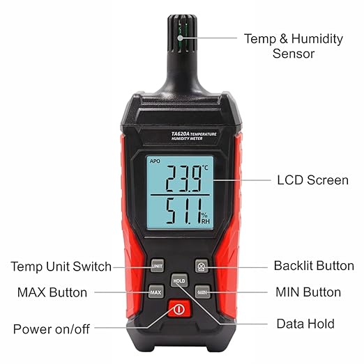 Handheld Hygrometer Temperature Humidity Meter, Digital Thermometer with Humidity Sensor for Indoor Outdoor Measuring - Large LCD Backlit, Data Hold, MIN/MAX - Image 8