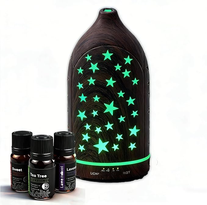 Aromatherapy Diffusers,7.1''x3.5''Diffuser with 3 Essential Oil Set,Small 200ml Office Desk Humidifier with 7 LED Colors Night Lights,Waterless Auto-Off for Home Decor Gift (Star Dark Wood Grain) by Unknown