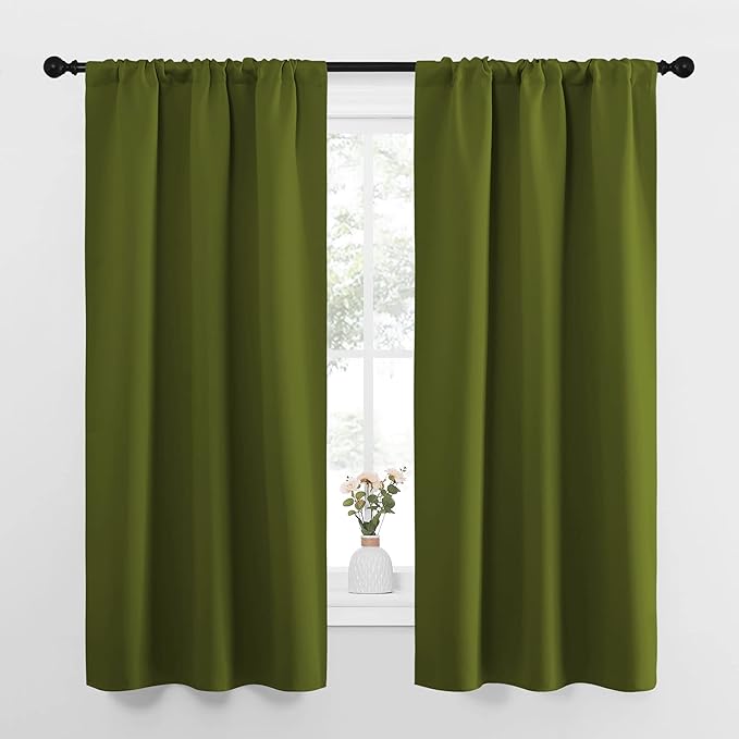 NICETOWN Bedroom Curtains Draperies with Rod Pocket, Nursery Essential Thermal Insulated Blackout Curtain Panels for Small Window (Olive Green, 1 Pair, 34 x 63) by NICETOWN