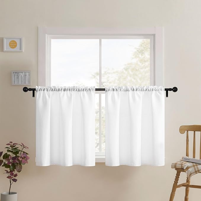 Home Queen White Waffle Bathroom Window Curtains, Water Repellent Rod Pocket Short Kitchen Drapes for Small Window, 2 Panels, 36 X 24 Each by HomeQueen