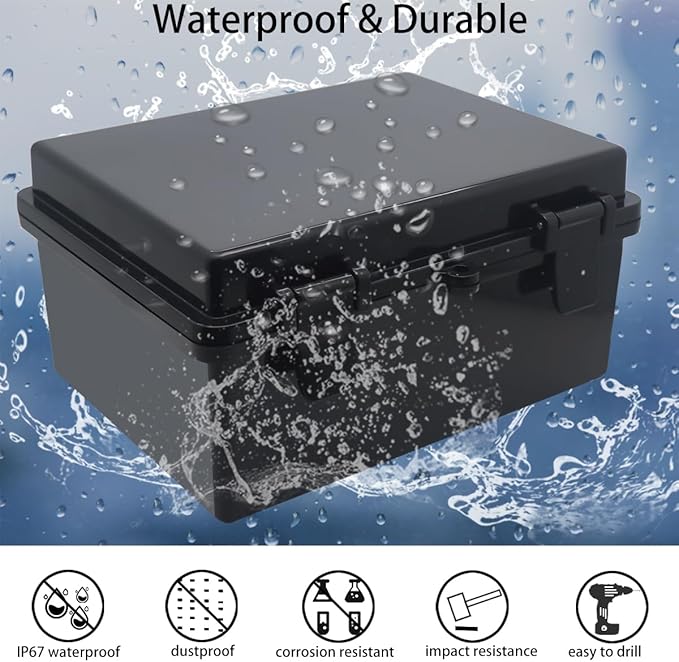 Junction Box, Hinged Black Cover IP67 Waterproof ABS Project Box with Mounting Plate Electrical Box Enclosure with Wall Bracket 8.7 x 6.7 x 4.3inch(220x170x110mm) - Image 2