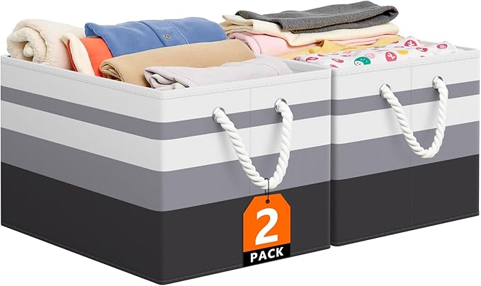 Storage Bin,Collapsible Storage Basket For Organizing,Large Storage Boxes With Rope Handles,Storage Containers,Gradient Grey,2 Pack by StorageTastic