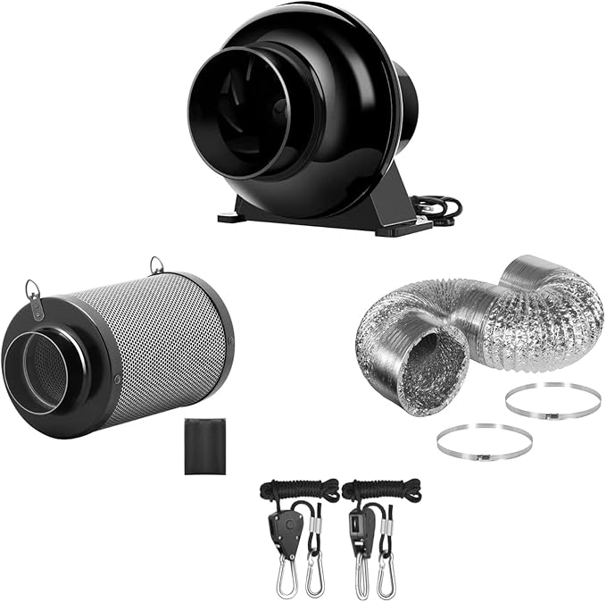 iPower 4 Inch 195 CFM Inline Fan Ventilation Exhaust Blower, Air Carbon Filter with Hook, 8 Feet Flexible Ducting, Rope Hanger, for Grow Tent Ventilation by iPower