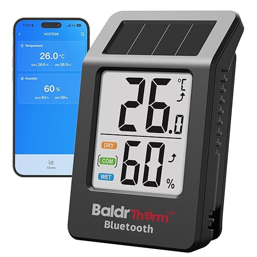 BaldrTherm Bluetooth Thermometer Wireless, Smart Thermometer with App Control, 200ft Coverage, Offline Storage, Trend Charts, Real-Time Alerts for Home, Pet Cage, Indoor/Outdoor Use, Black, 1pack by BaldrTherm