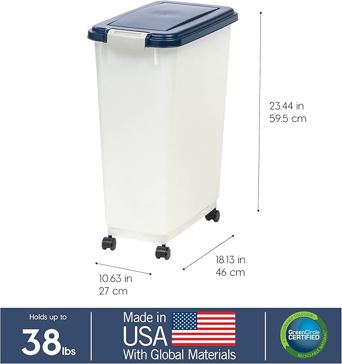 IRIS USA Airtight Dog Food Storage Container, Up to 38 lbs, Attachable Wheels, For Dog Cat Bird and Other Pet Food Storage Bin, Keep Fresh, Easy Mobility, BPA Free, Navy/Pearl - Image 4