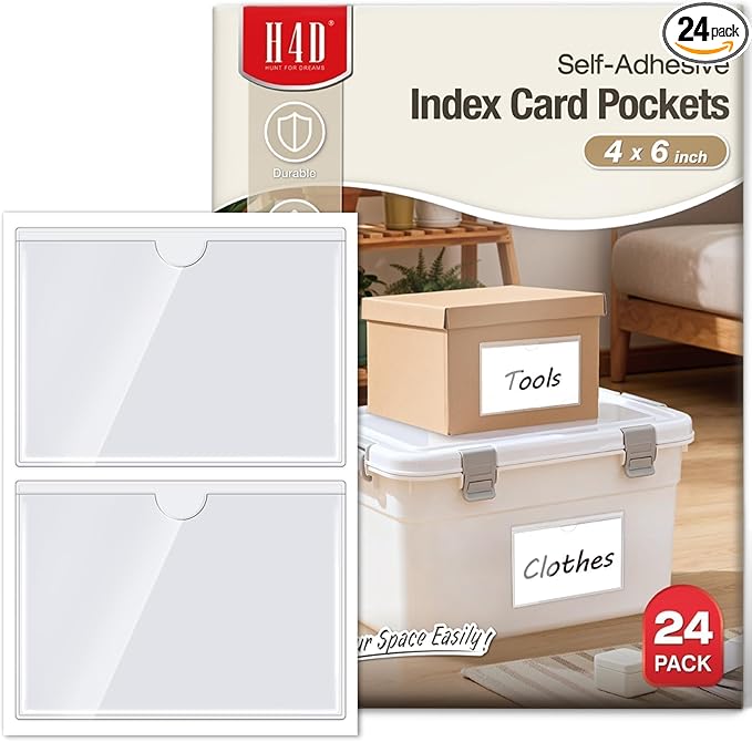 H4D 24 Pack Labels for Storage Bins, 4" x 6" Plastic Clear Adhesive Index Card Holders, Tote Label Pockets for Organizing Storage, Library Card, Shelves by H4D
