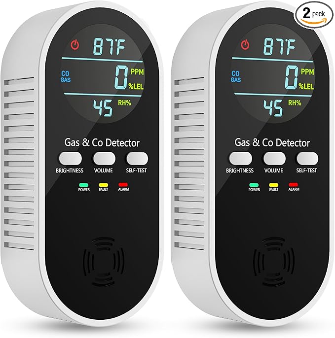 5-in-1 Carbon Monoxide Detectors, Natural Gas Leak Detector, Plug-in & Battery Backup Co Detector, HD Digital Display, CO Gas Temp Humidity Sensor, 2-Pcs, Black by VilfeLLC