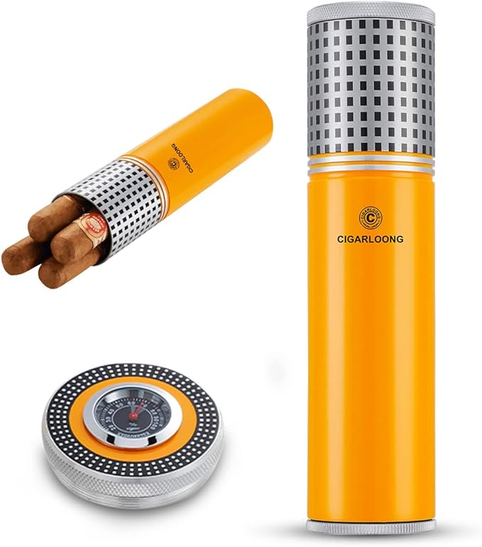 Travel Cigar Humidor Case/Box Metal Portable Air Tight Lid Smell Proof Cigar Case Tube Built in Humidifier for Humidity Control, Humidor That can Hold About 3-5 Cigars with Gift Box (Yellow) - Image 9