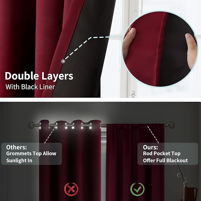 BGment 100% Blackout Curtains 45 Inches Length 2 Panels, Christmas Thermal Insulated Room Darkening Soundproof Window Curtains Panels for Kitchen, Each Drapes 42 Inches Wide, Burgundy Red - Image 6