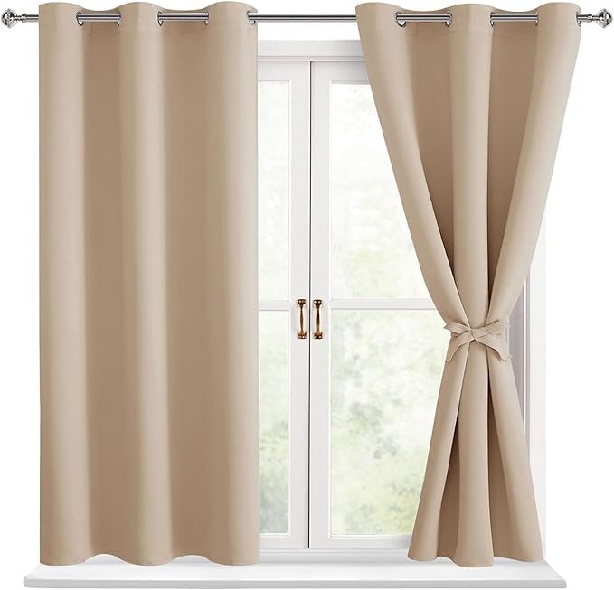 Hiasan Short Blackout Curtains for Bedroom - Thermal Insulated & Energy Saving Window Curtains for Living Room, 2 Drape Panels Sewn with Tiebacks, Beige, 38 x 45 Inch by Hiasan