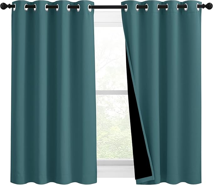 NICETOWN 100% Blackout Curtains with Black Liners, Thermal Insulated 2-Layer Lined Drapes, Room Warming Small Window Draperies for Dining Room (Sea Teal, 2 Panels, 46 inches W by 54 inches L) by NICETOWN