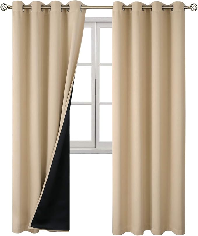 BGment Thermal Insulated 100% Blackout Curtains for Bedroom with Black Liner, Double Layer Full Room Darkening Noise Reducing Grommet Curtain (52 x 84 Inch, Beige, 2 Panels) - Image 8