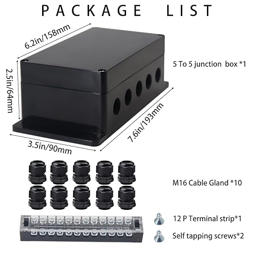 Watertight Junction Box, IP67 Waterproof Electrical Project Box with 12P 15A Barrier Terminals,5 in/5 Out Cable Glands Electronic Enclosure 6.22" x 3.54" x 2.36" - Image 7