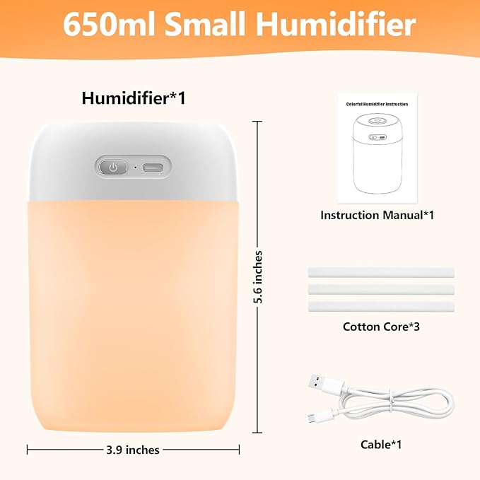 Portable Small Humidifier, 650ml Colorful Mini Humidifier for Bedroom, Office Desktop, Baby Room, Plants, Cool Mist Humidifiers(White) - Image 5