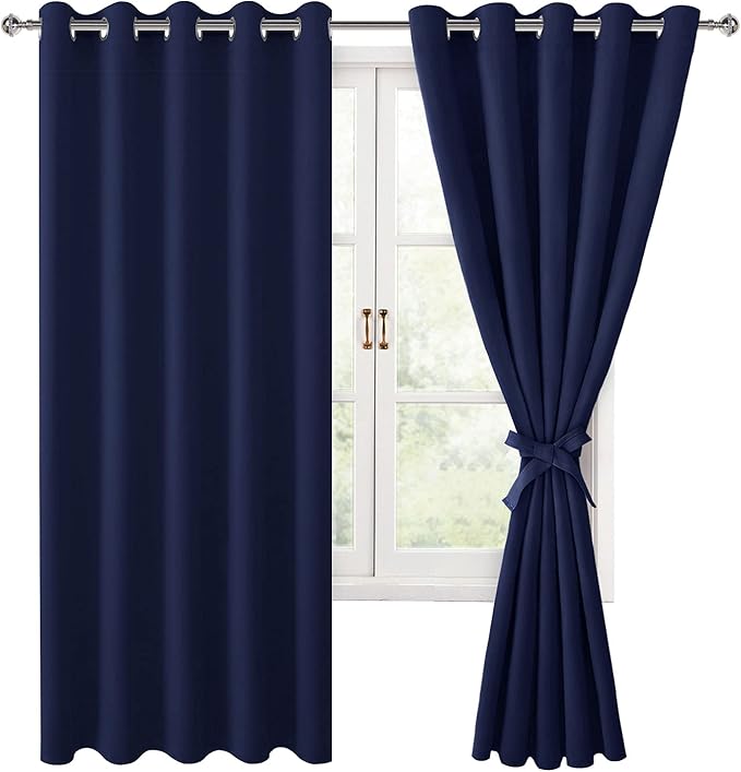 Hiasan Blackout Curtains for Bedroom, 60 x 63 Inches Length - Thermal Insulated & Light Blocking Window Curtains for Living Room, 2 Drape Panels Sewn with Tiebacks, Navy Blue by Hiasan