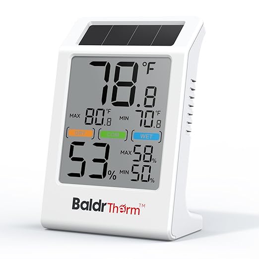 BaldrTherm Room Thermometer Indoor Humidity Meter Solar Powered with Max/Min Memory & Comfort Indicator - 3.2" Large Display for Home, White, 1Pack by BaldrTherm