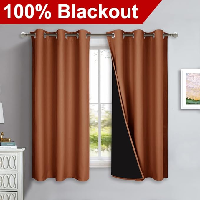 NICETOWN 100% Blackout Short Curtains with Black Liners, 2 Panels, 37" W by 60" L, Burnt Orange, Solid Thermal Insulated Full Blackout 2-Layer Lined Drapes, Energy Efficiency Window Drapes for Bedroom - Image 2