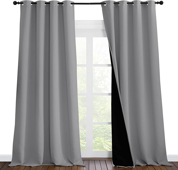 NICETOWN Total Shade Curtains and Draperies, Heavy-Duty Full Light Shading Drapes with Black Liner Backing for Villa/Hall/Dorm Window（Silver Grey, Package of 2 Panels, 55 inches Wide x 96 inches Long by NICETOWN