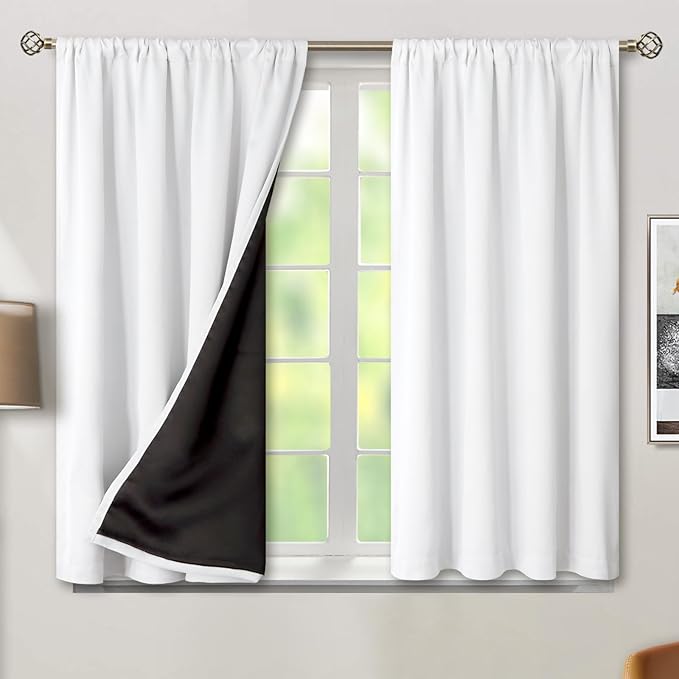BGment White Blackout Curtains for Bedroom 45 Inch Length, Rod Pocket 100% Blackout Curtains with Thermal Liner Room Darkening Curtains for Living Room, Each Window Curtains 2 Panels, 42 x 45 Inch by BGment