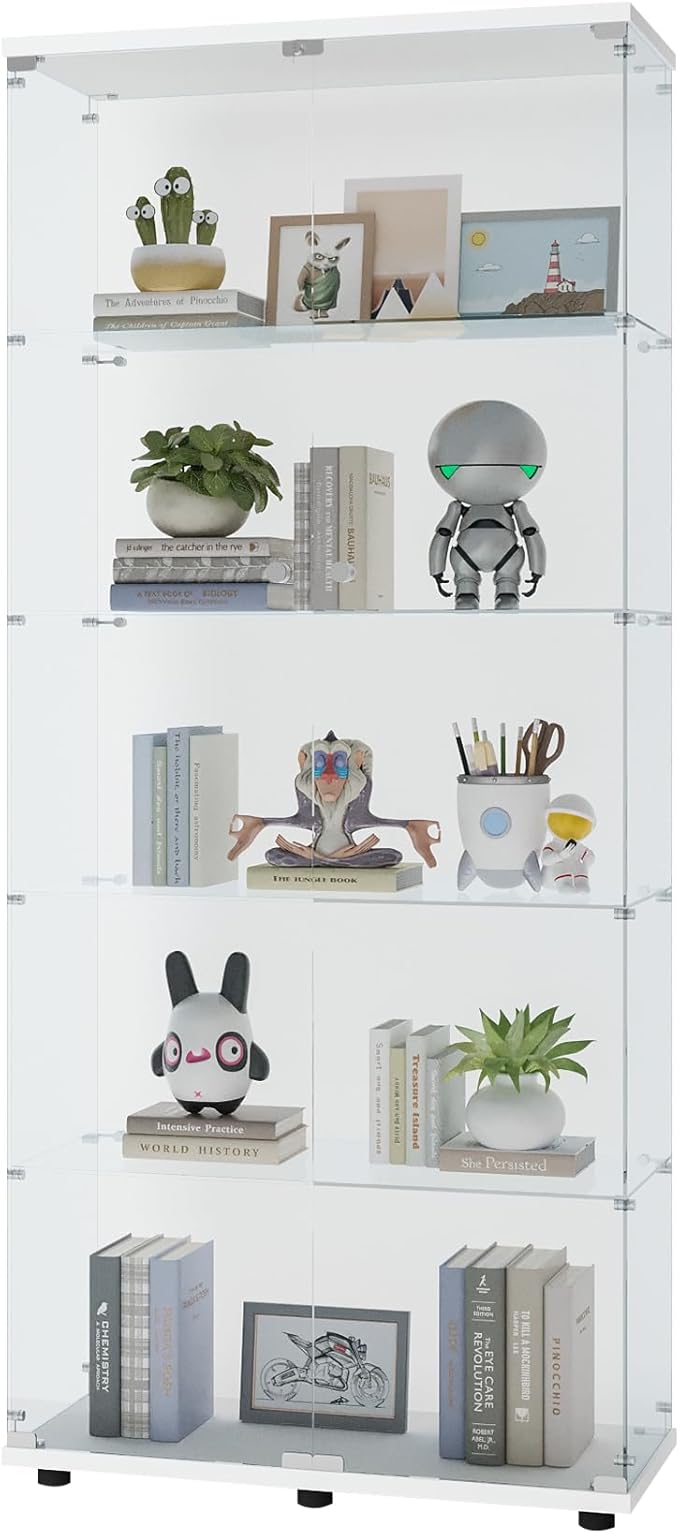 Yoluckea 5 Shelves Glass Display Cabinet with 2 Doors, Floor Standing Clear Glass Curio Cabinet Collection Display Case for Living Room Bedroom 73.82” x 31.69” x 14.37” White - Image 8