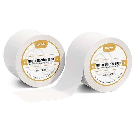 Vapor Barrier Tape 2 Rolls, 4" Wide x 180' Long Moisture Barrier Tape, 9 mil White polyethylene Tape, Moisture Sealing and Seams for Crawl Spaces, Vapor barriers, Marine, Insulation by GIUNN