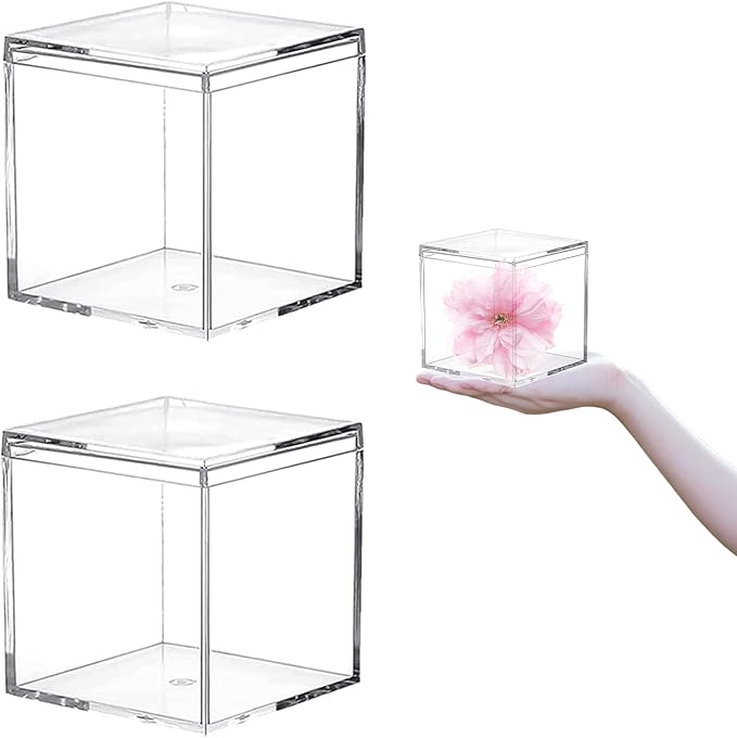 Acrylic Box with Lid 2 Pieces 4 * 4 * 4 Inch Clear Square Cube Plastic Decorative Boxes Clear Display Box Wedding Birthday Baby Shower Party Candy Jewelry Storage Boxes Organize Containers by LOVPLAY
