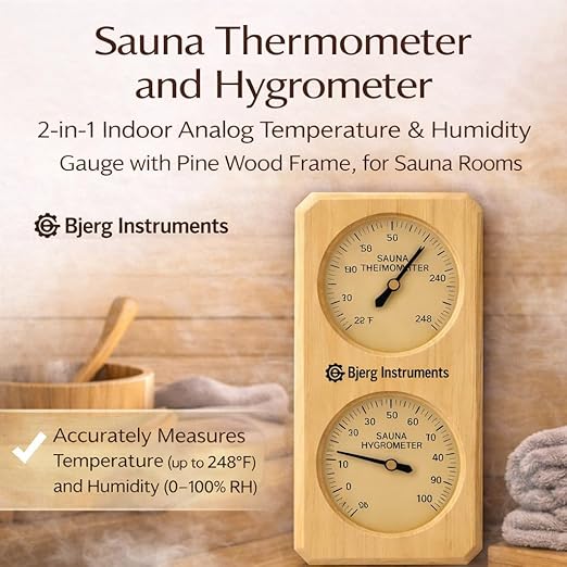 Sauna Thermometer and Hygrometer - 2-in-1 Indoor Analog Temperature & Humidity Gauge with Pine Wood Frame, for Sauna Rooms - 3.5" Dial Wall-Mounted Meter (0–100% RH, Up to 248°F) - Image 2
