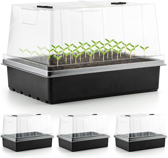 12-Pack Seed Starter Trays with 5'' Tall Humidity Domes – Thick Plastic, Reusable Seedling Tray with Clear Lids for Strong Plant Germination, Ideal Microgreen Growing Trays for Faster Seed Propagation by RooTrimmer