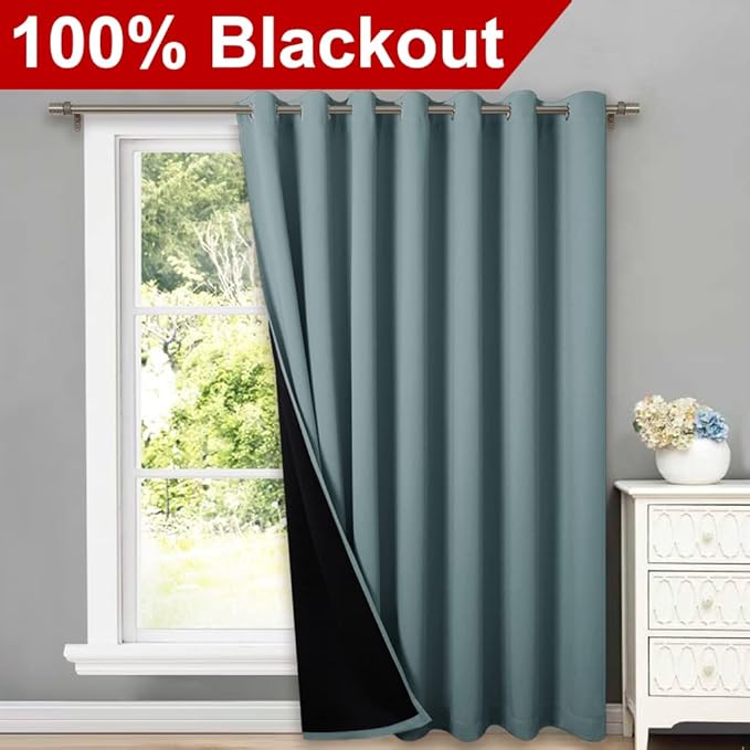 NICETOWN Greyish Blue 100% Blackout Room Divider Celling Curtains for Patio Door, Super Heavy-Duty Thermal Backing Sliding Door Drape, Privacy Assured Window Treatment(1 Panel, 100" W x 84" L) - Image 2