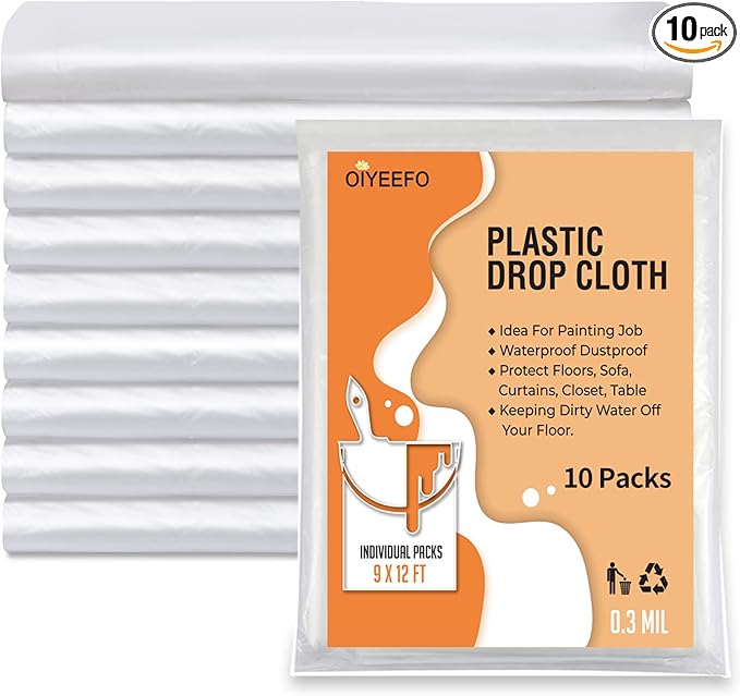 Plastic Drop Cloths for Painting, 10 Pcs 9x12ft Plastic Sheeting Tarp Waterproof Dustproof Almost Tear Resistance Multi-Purpose Furniture Cover Floor Wall Protection Film by Oiyeefo