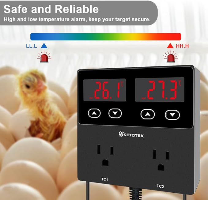 KETOTEK KT99pro Dual Digital Temperature Controller Outlet 10A Relay Heating Coolling Thermostat Controlled Socket with Sensor for Reptile Brewing Fermentation Breeding Incubation Greenhouse - Image 5