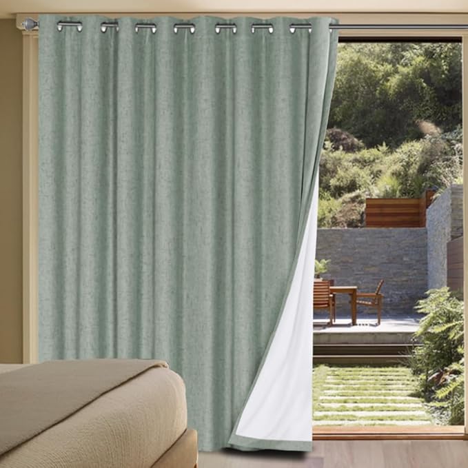 H.VERSAILTEX White Linen Blackout Curtains Durable Thick Textured Linen Look 100% Blackout Patio Door Curtain Anti Rust Grommet Extra Wide Sliding Door Curtain Panel, W100 x L108 inch, Green Bay by HVERSAILTEX