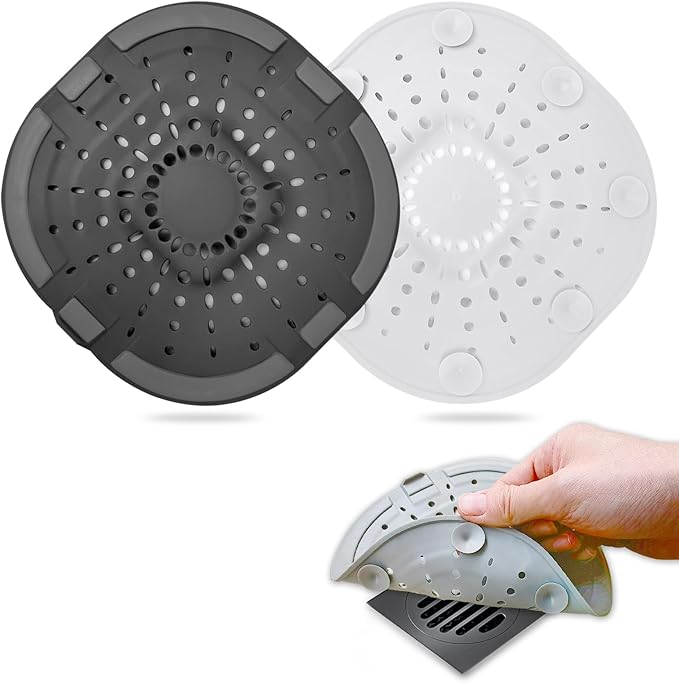 Hair Drain Catcher,Square Drain Cover for Shower Strong Adhesion Silicone Hair Stopper with Suction Cup,Easy to Install Suit for Bathroom,Bathtub,Kitchen 2 Pack (Jet Black White) by Bovinde