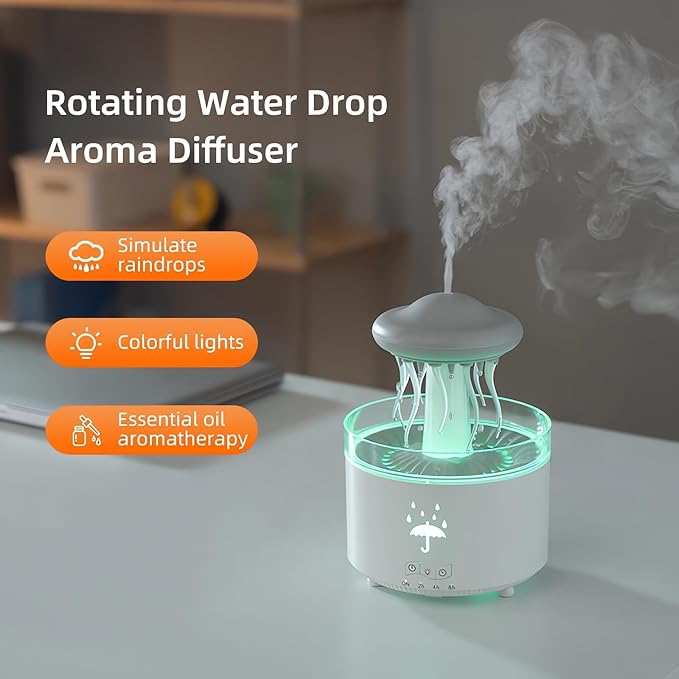 Humidifier for Bedroom, Rotating Umbrella Diffuser with Rain Drop Effect 7-Color LED, 300ML Small Humidifier with Remote & Timer, Funny Rain Humidifiers Gift for Family and Friends (White 1) - Image 5