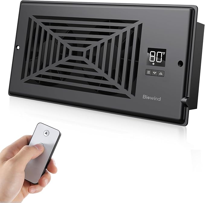 Quiet Register Booster Fan Fits 4" x 10" Register Holes, 10-Speed Smart Heating Cooling AC Vent Fan with Remote Control and Thermostat Control - Black by BIOWIND