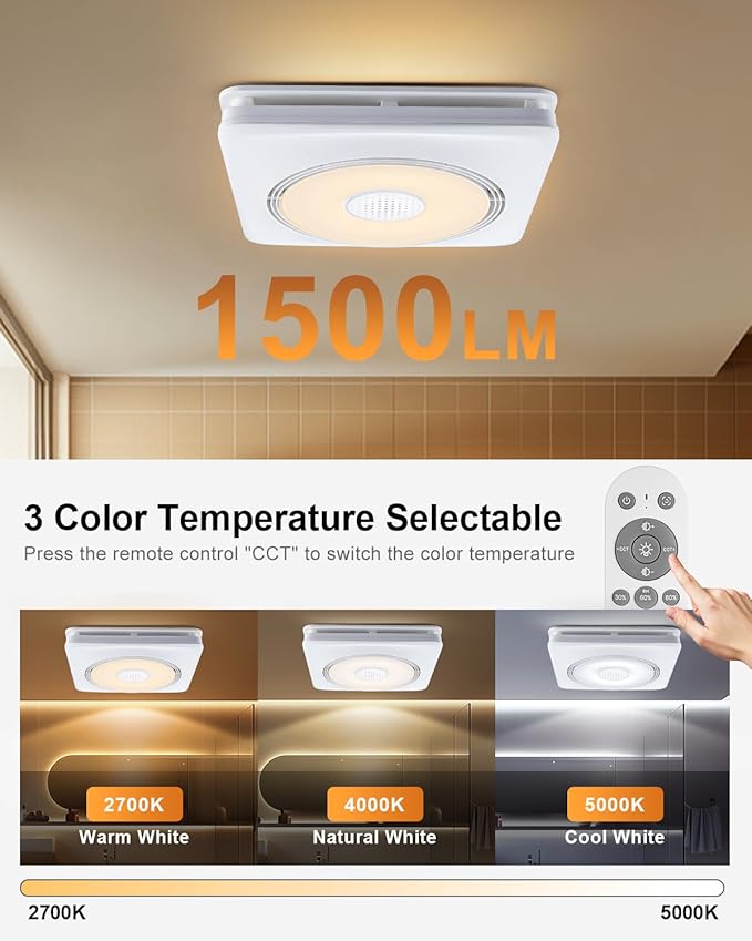 GROWNEER Powerful Oversize Bathroom Exhaust Fan with Light, 40W Bathroom Fan with Humidity Sensor, 110/160 CFM 1.0 Sone Exhaust Fan with Heater, 1800W Heating, 1500lm 2700K/4000K/5000K & Nightlight - Image 4