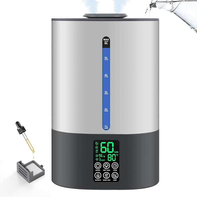 6L Humidifiers for Bedroom Large Room Home, Cool and Warm Humidifiers for Baby and Plants Mist Top Fill Desk Humidifiers Essential Oil Diffuser, Quiet with Adjustable Mist,360°Nozzle-Grey by Coolfiqu