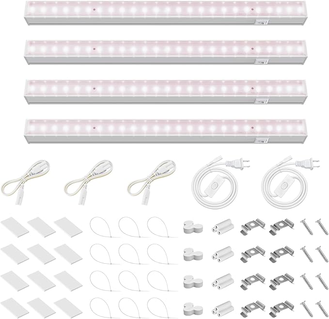 Barrina Grow Light for Indoor Plants, Full Spectrum Sunlight, 1ft Grow Lamp, LED Grow Light Bulbs, T5 Grow Light Strip, Plug and Play, Pinkish White, 4-Pack by Barrina