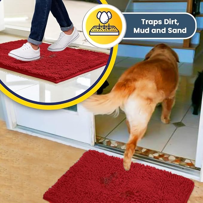 Muddy Mat® Pack of 3 Highly Absorbent Microfiber Dog Door Mat and Pet Rug, Non Slip Thick Washable Area Mat Soft Chenille for Kitchen Bathroom Bedroom and Outdoor - Red Small, Medium & Large - Image 3