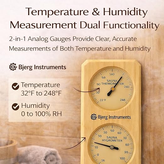 Sauna Thermometer and Hygrometer - 2-in-1 Indoor Analog Temperature & Humidity Gauge with Pine Wood Frame, for Sauna Rooms - 3.5" Dial Wall-Mounted Meter (0–100% RH, Up to 248°F) - Image 3