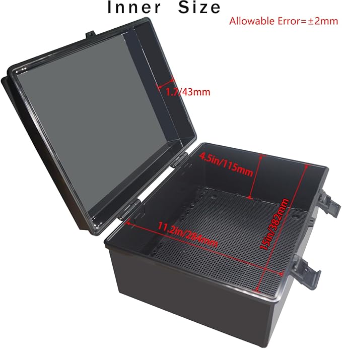 Junction Box, Hinged Black Cover IP67 Waterproof ABS Project Box with Mounting Plate Electrical Box Enclosure with Wall Bracket 15.7 x 11.8 x 6.7inch(400x300x170mm) - Image 3