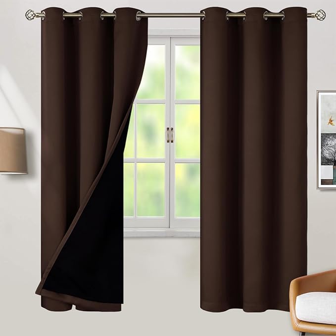 BGment Thermal Insulated 100% Blackout Curtains for Bedroom with Black Liner, Double Layer Full Room Darkening Noise Reducing Grommet Curtain (42 x 72 Inch, Brown, 2 Panels) by BGment