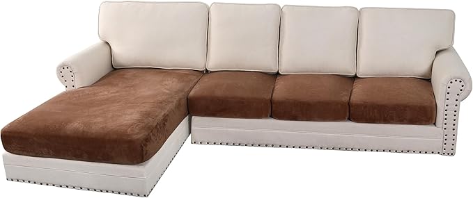 H.VERSAILTEX Velvet Stretch Sectional Couch Covers 4 Pieces Sofa Seat Cushion Covers L Shape Separate Cushion Couch Chaise Cover for Both Left/Right Couch (Large Sofa 3 Seater + 1 Chaise, Caramel) by HVERSAILTEX