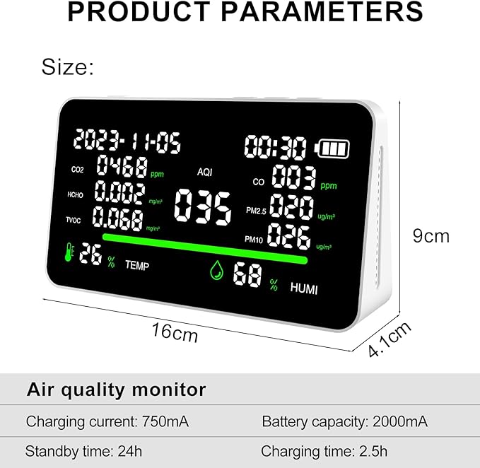 11-in-1 Air Quality Monitor, Indoor CO2/VOC/AQI/PM2.5/Thermometer/Humidity Monitor, Portable Smart Air Quality Meters, Air Quality Tester for Home Office Outdoor, Battery Powered - Image 5