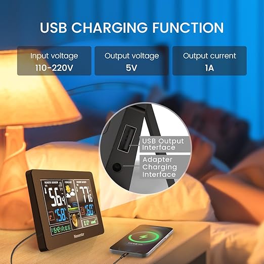 Newentor Weather Station Wireless Indoor Outdoor Thermometer, Color Display Digital Weather Thermometer with Atomic Clock, Barometric Pressure, Forecast Station with Adjustable Backlight,Black,2Sensor - Image 6