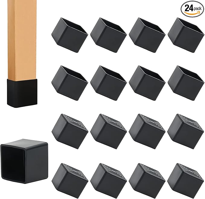 24PCS Square Rubber Furniture Leg Caps 1 Inch x 1 Inch Square Chair Leg Caps Covers Black Furniture Foot Table Chair Leg End Cap, Anti-Slip Chair Leg Floor Protectors, Black by suiwotin